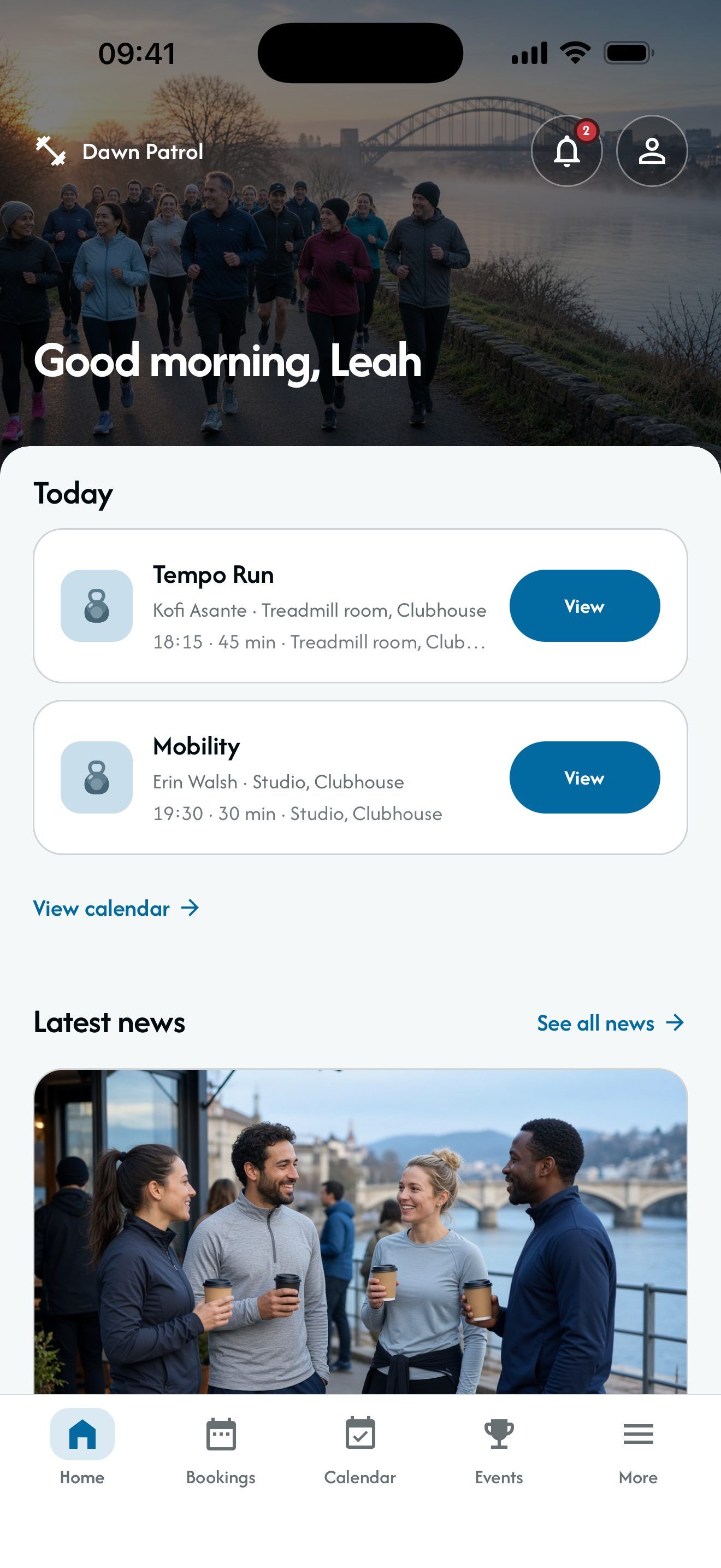 Example member app for Dawn Patrol, a run club, running on LeisureDeck