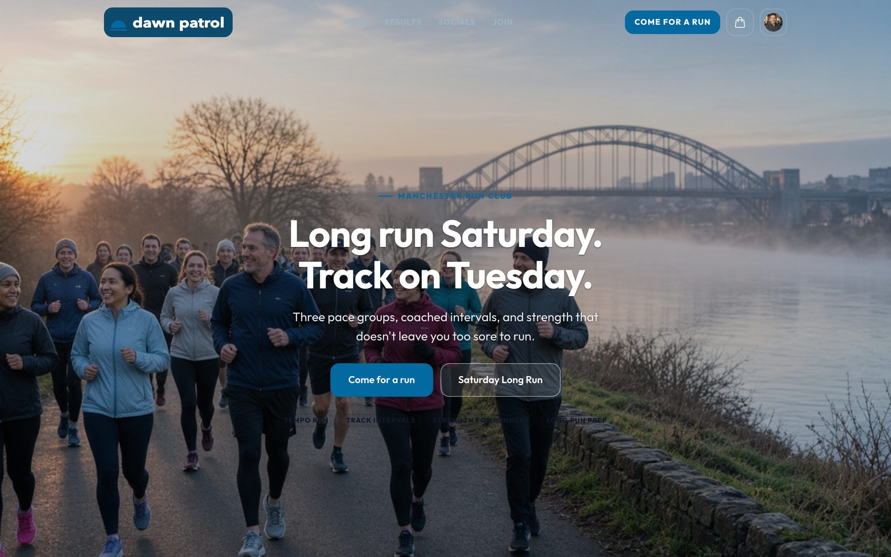 Example website for Dawn Patrol, a run club, running on LeisureDeck