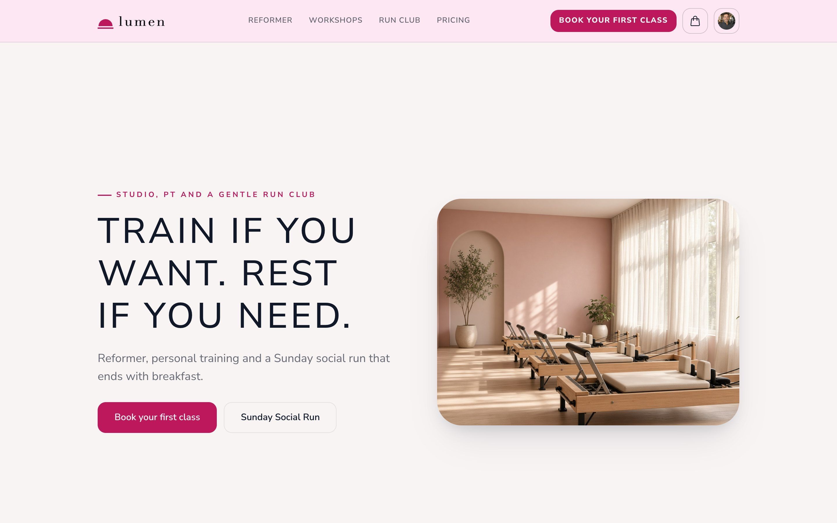 Example website for Lumen, a reformer studio, running on LeisureDeck