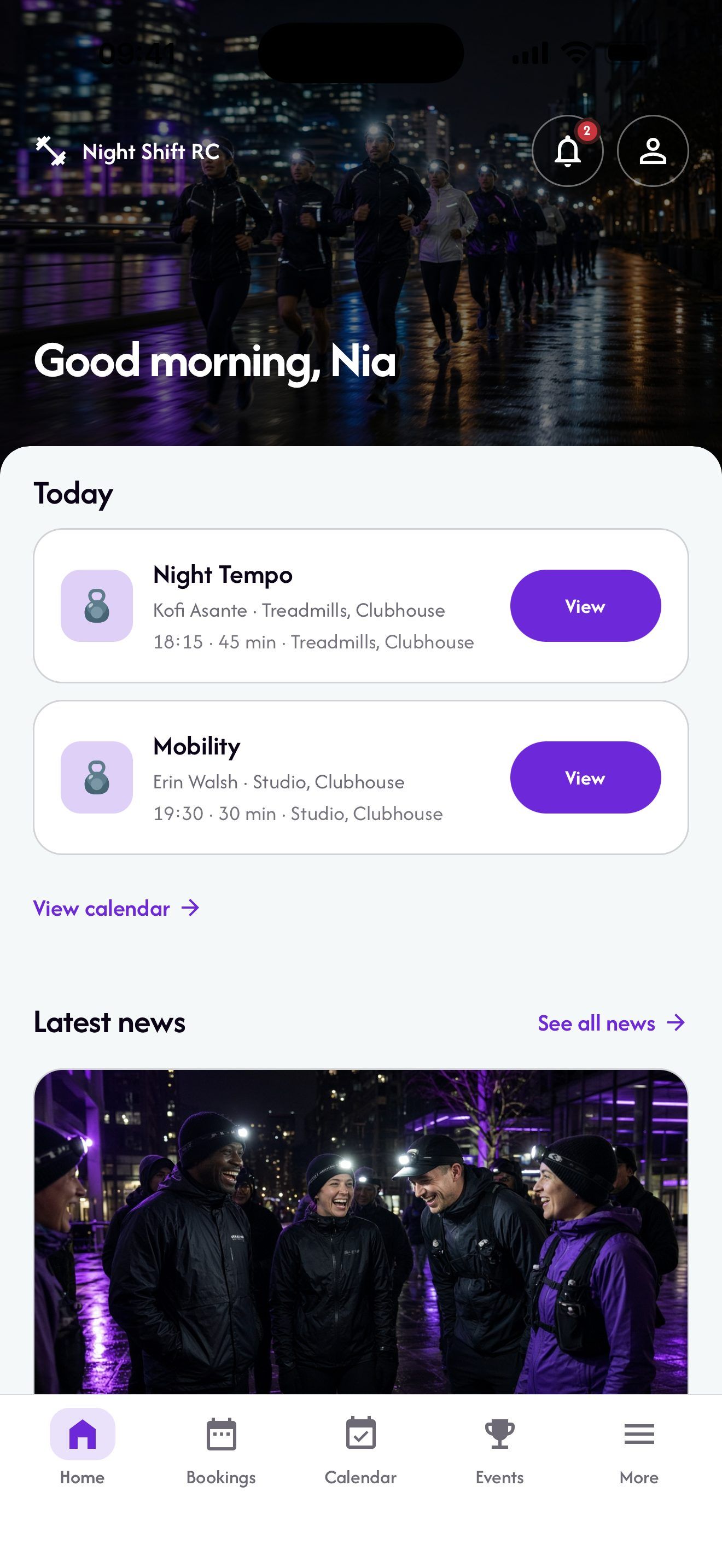 Example member app for Night Shift RC, a night run club, running on LeisureDeck
