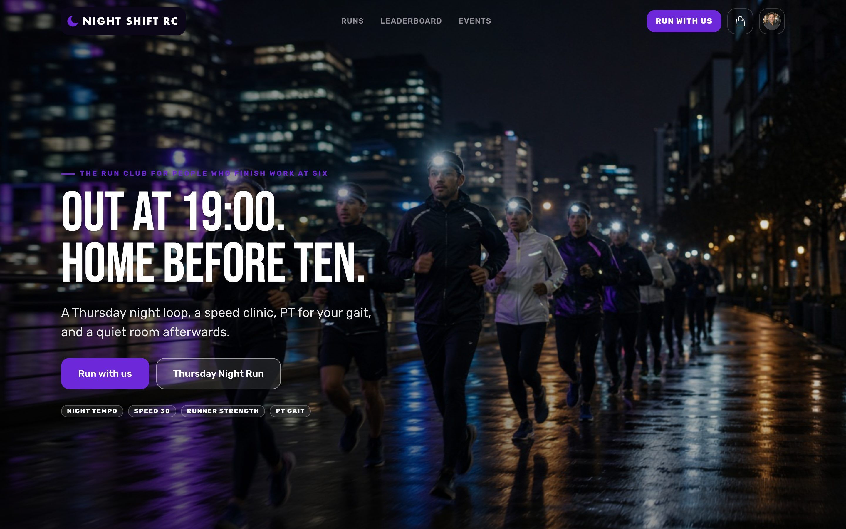 Example website for Night Shift RC, a night run club, running on LeisureDeck