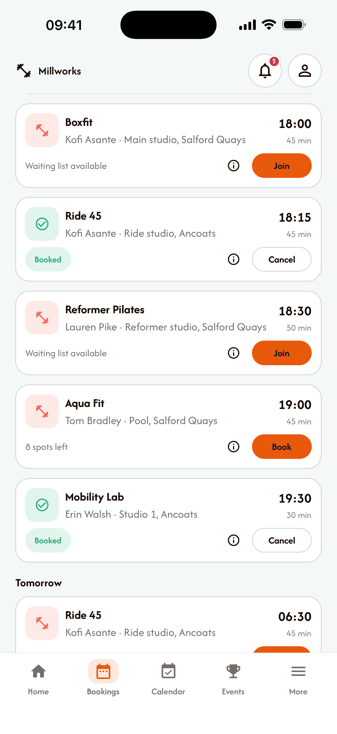 Member app: Today's classes with spaces left.