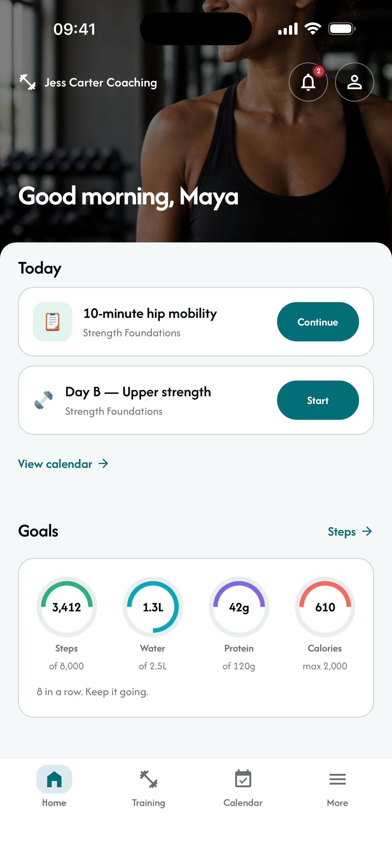 Client app: Next session, today's workout and goals.