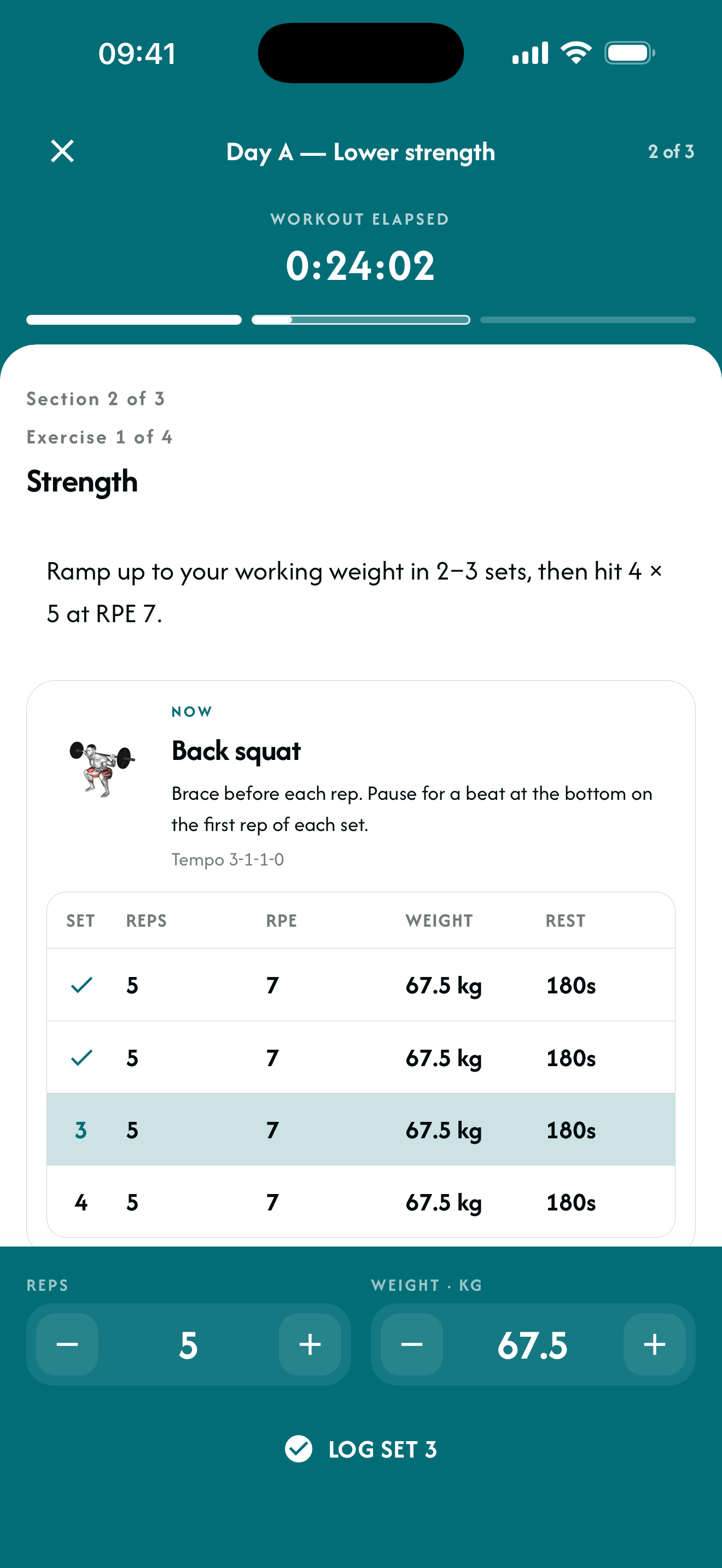 The client app showing today's lower-body strength workout with sets to log