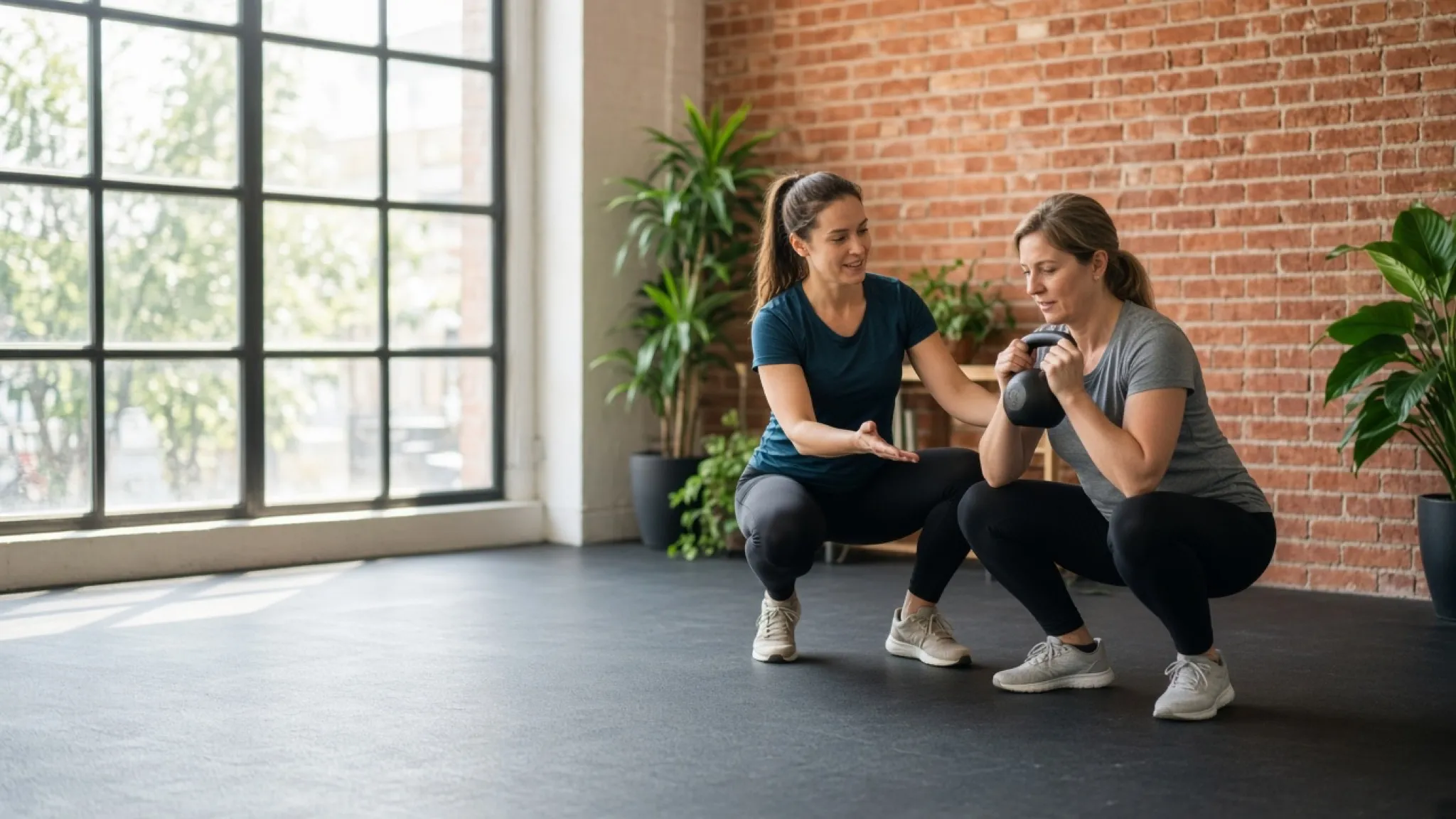 A personal trainer coaching a client through a kettlebell goblet squat in a bright studio