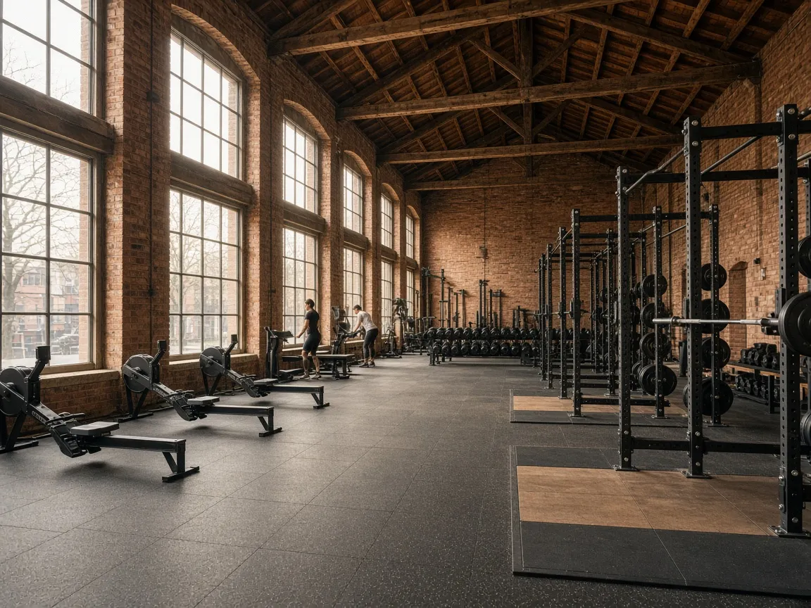 A gym floor with squat racks and rowers in a converted mill