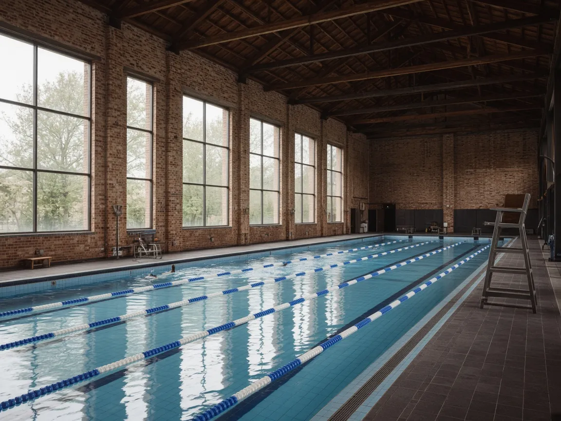 A six-lane swimming pool under tall arched windows
