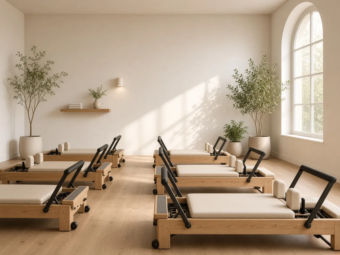 A Pilates studio with a row of reformer machines