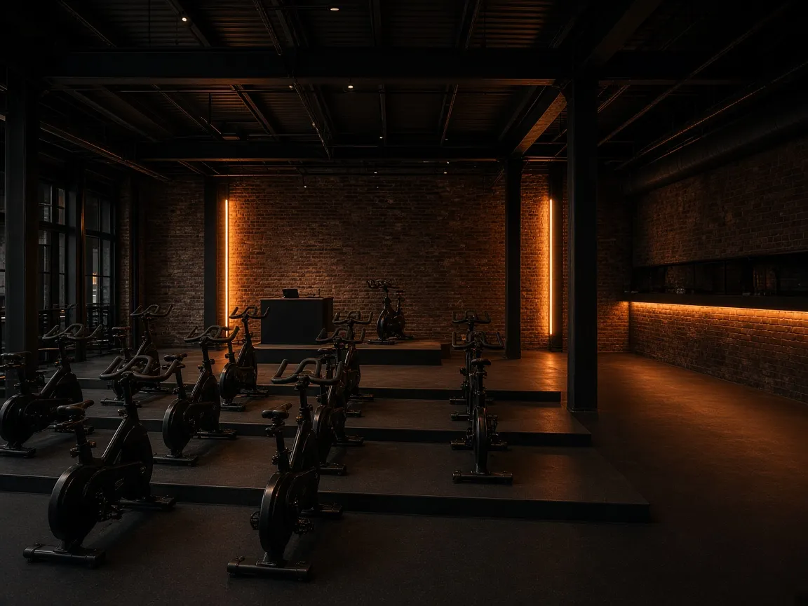 An indoor cycling studio with rows of bikes