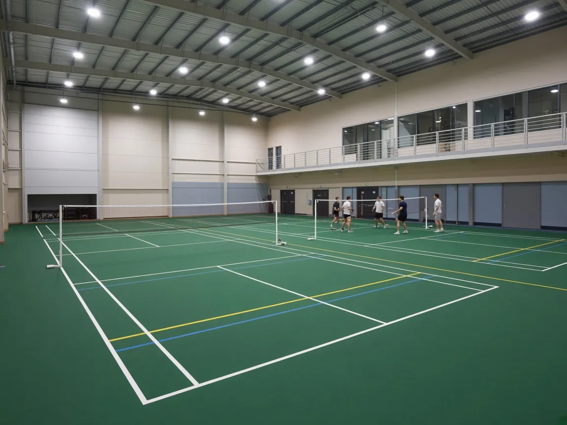 A sports hall set up for badminton with four courts and a viewing balcony