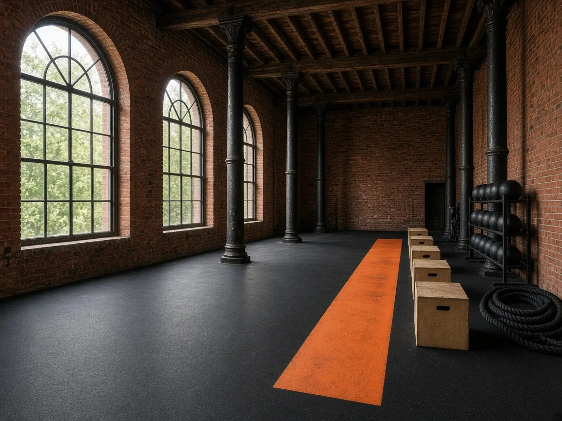 A functional training studio with an orange sprint lane
