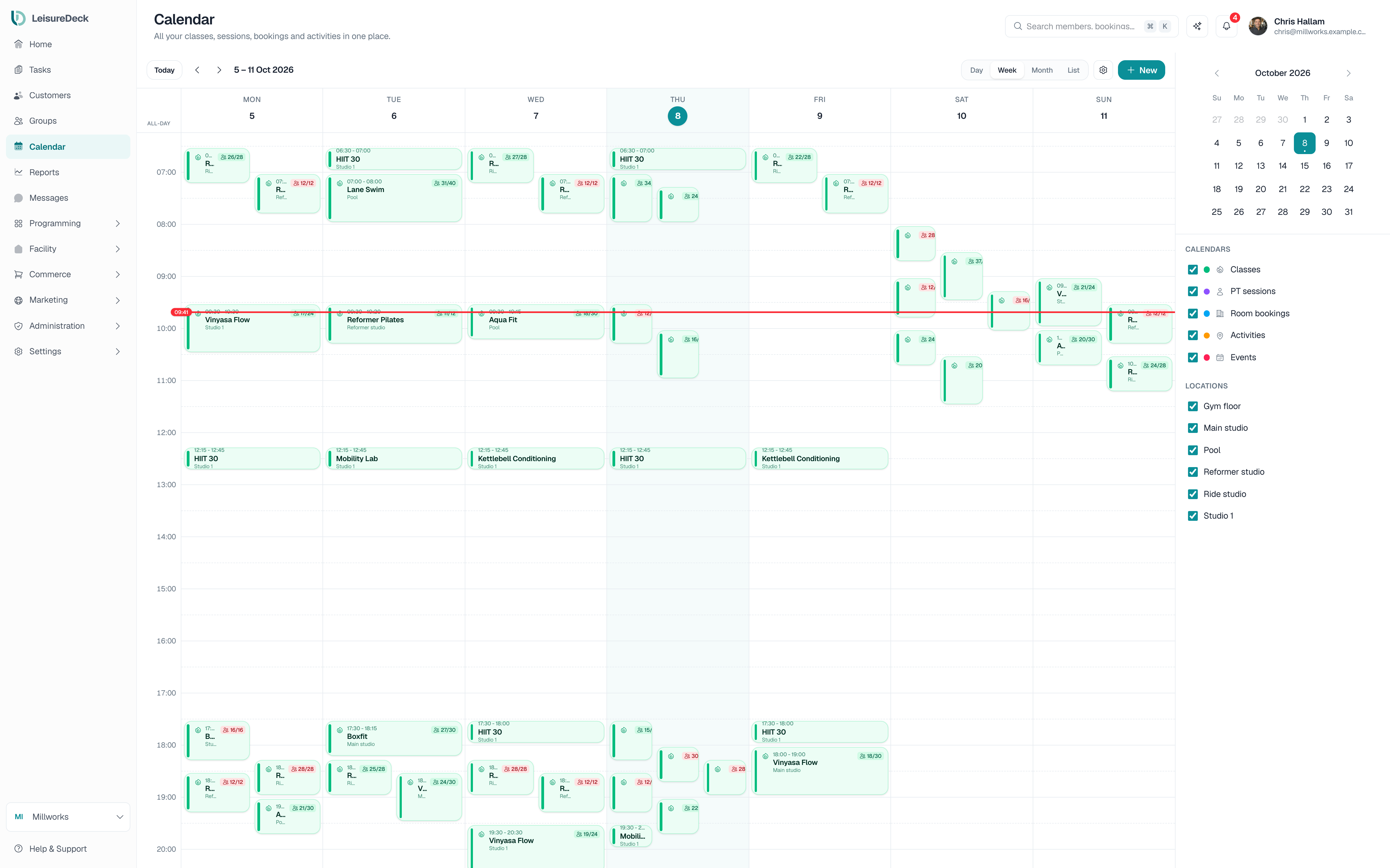 A week of classes across two sites in the LeisureDeck calendar, with full classes and waitlists