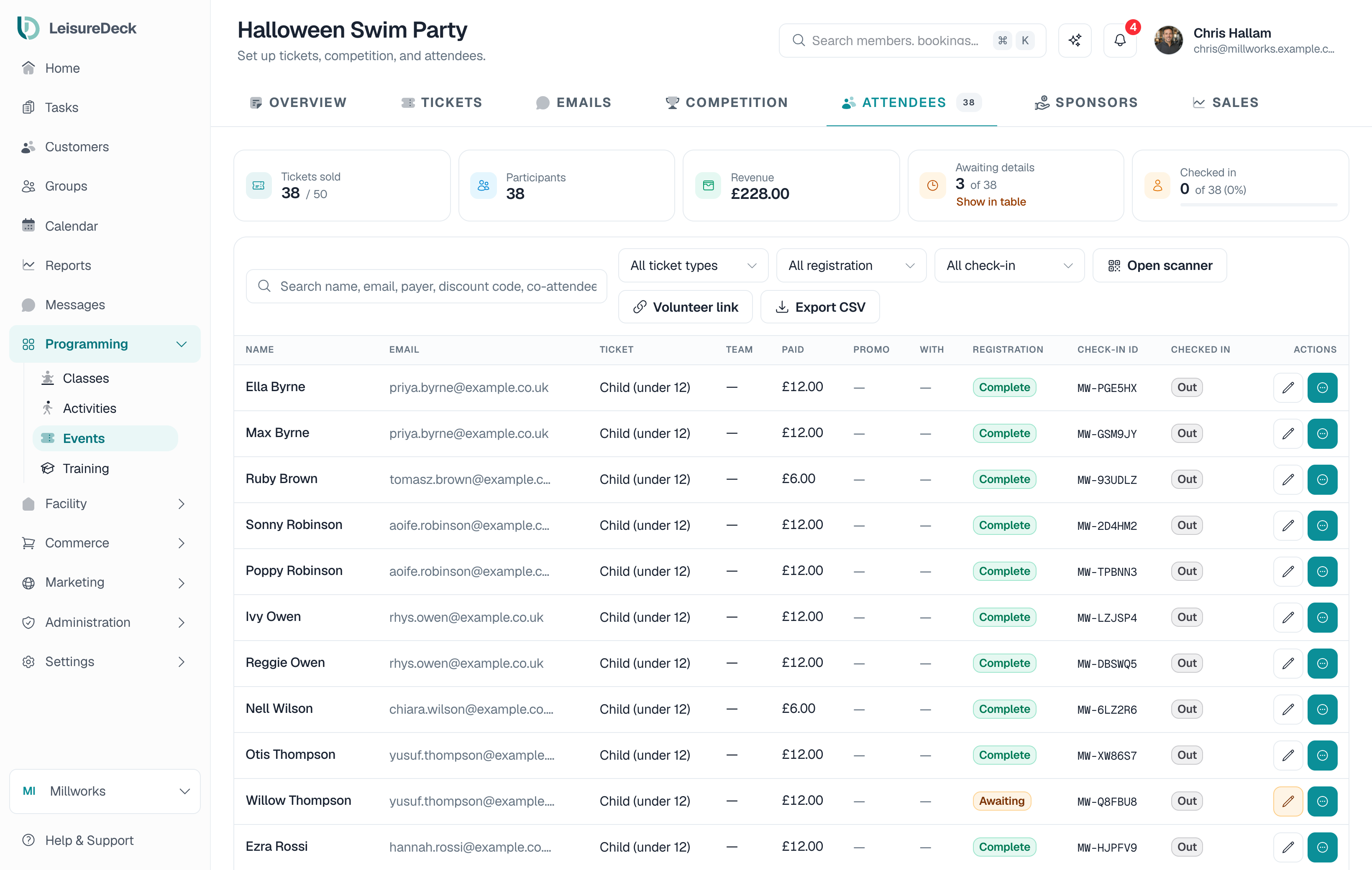 Attendees for a Halloween Swim Party: 38 tickets sold, registration status and check-in IDs