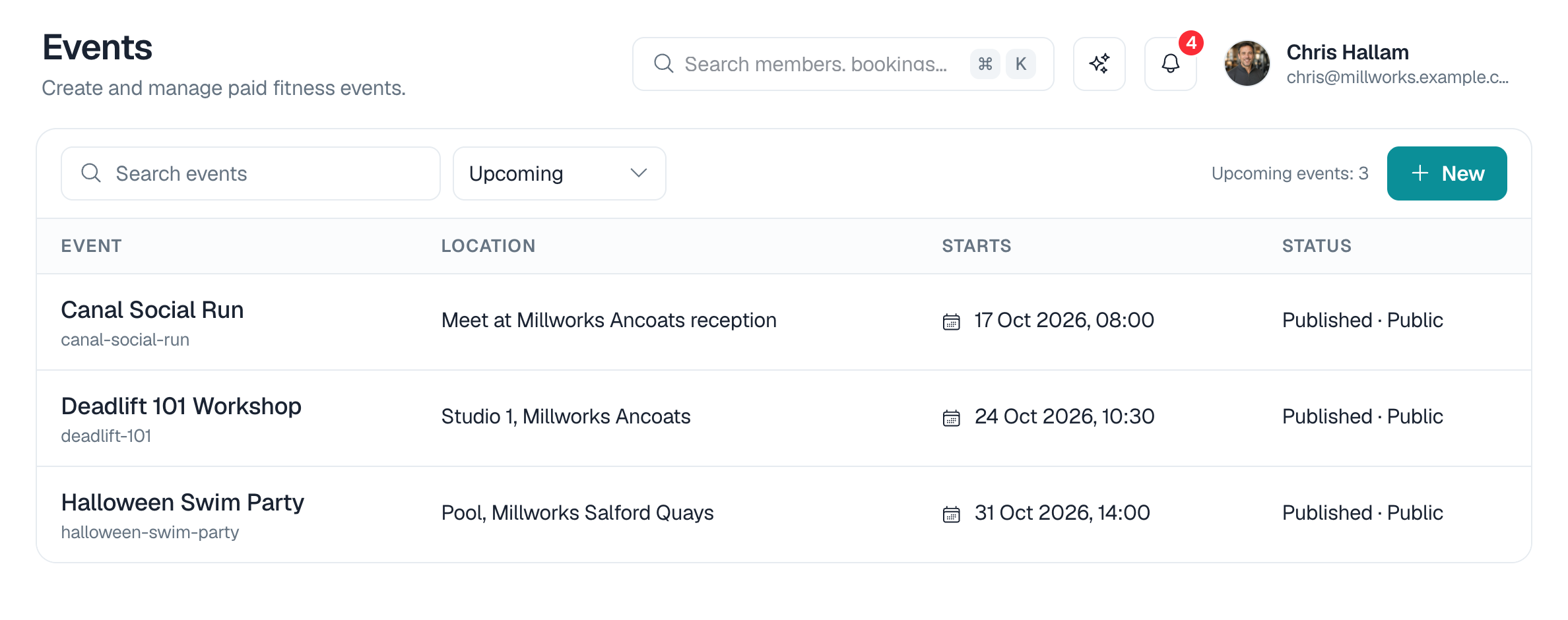 Upcoming events with registrations: a social run, a deadlift workshop and a kids' swim party