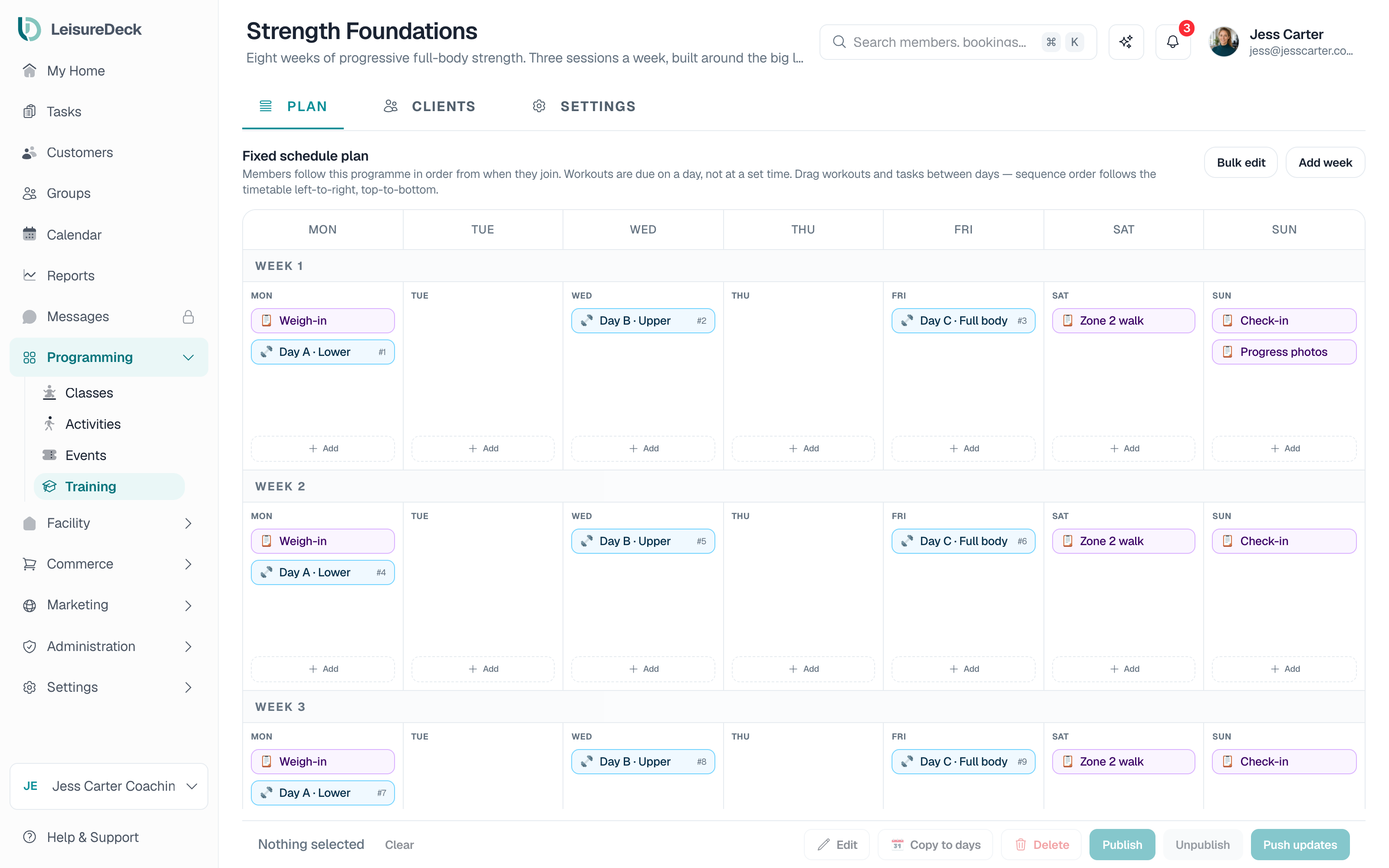 LeisureDeck programme builder showing an eight-week Strength Foundations block with lower, upper and full-body sessions