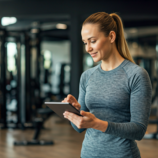 Professional trainer showing fitness app on tablet in modern gym